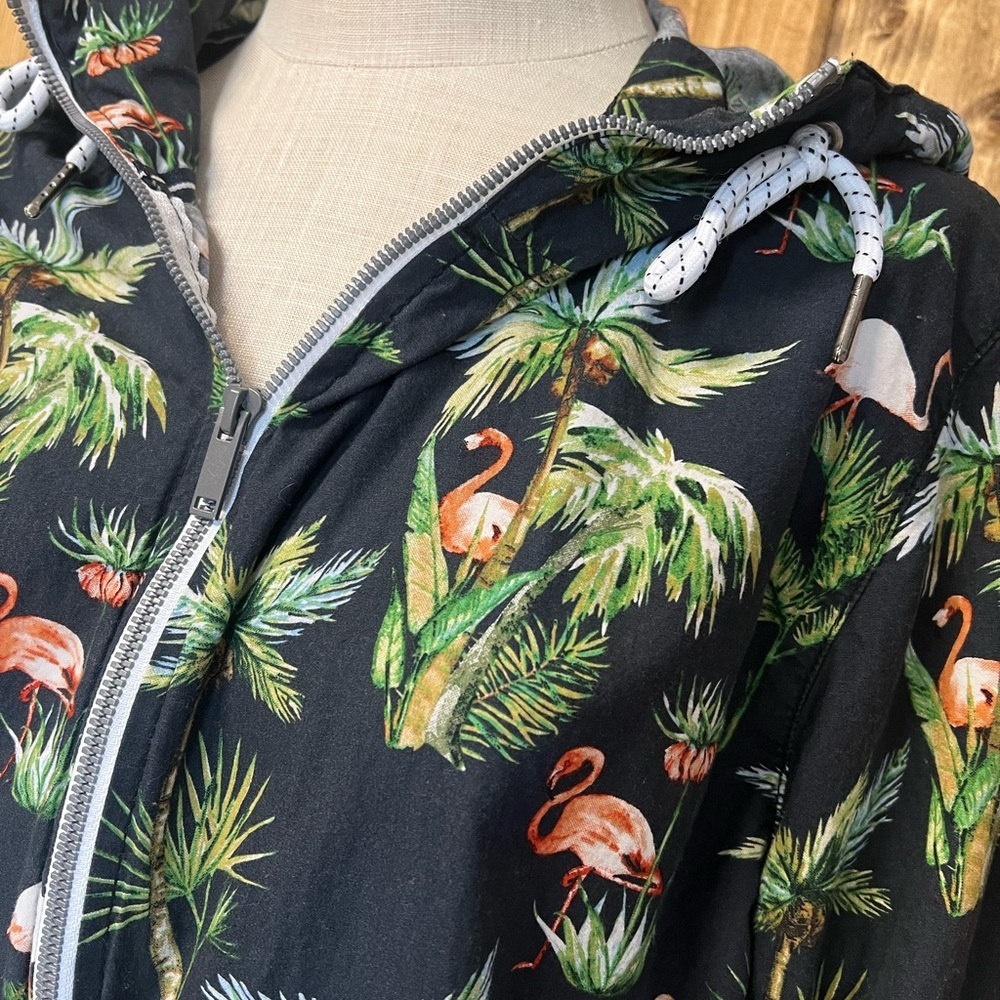 Denim & Flower Large Tropical Lightweight Zip Jacket Windbreaker Hooded Cotton - Picture 3 of 9